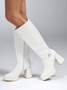 SHUZIA Women's Stylish & Comfortable Block Heel Knee-High Boots With Metal Buckle Decor For Christmas Valentine's Day - White - View 4