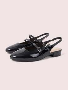 CUCCOO DOLLMOD Women's Shoes, Black, Glossy Texture, Round Toe, Double Straps, Flats, Slingbacks, Classic Mary Jane - Black - View 2