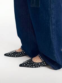 Mnmlis Spring And Summer Size Round Beads Full Of Rivets, With Pointed Toe, Black Back Empty Mary Jane Sandals, Punk Style Back Strap - Black - View 8