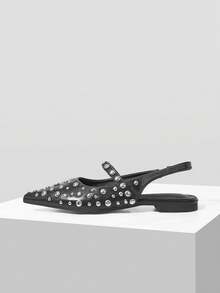 Mnmlis Spring And Summer Size Round Beads Full Of Rivets, With Pointed Toe, Black Back Empty Mary Jane Sandals, Punk Style Back Strap - Black - View 4