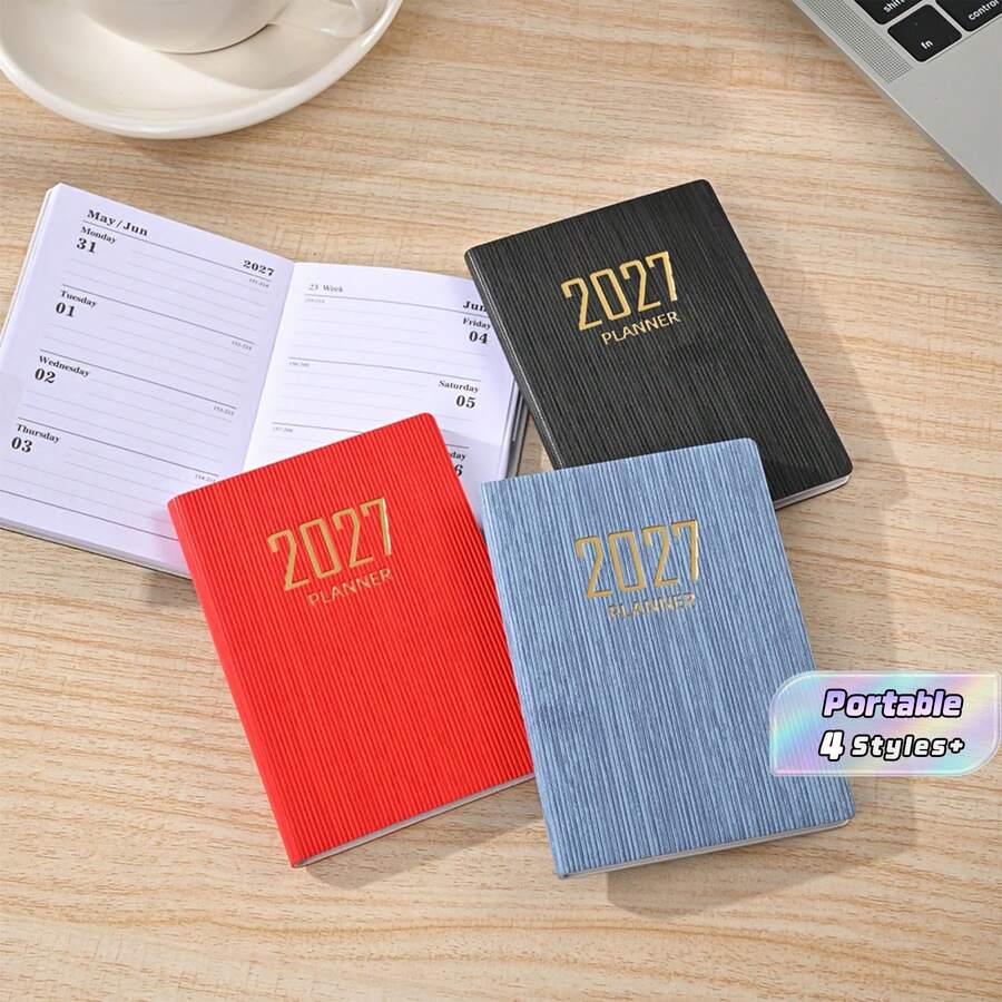 1 دفتر تخطيط إنجليزي A7 لعام 2027، 64 دفتر تقويم أسبوعي رقيق 128 صفحة، دفتر تقويم تخطيط يومي 365 يوم، دفتر جدول يومي محمول صغير A7، دفتر من جلد PU - متعدد الألوان - مشاهدة 1