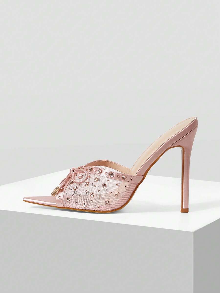 Mnmlis Women's High Heel Sandals With Rhinestone Bow Pointed Toe Slip-On Mules - Apricot - View 1