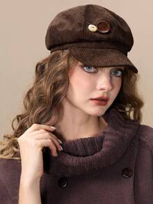 ROMWE Kawaii 1 Retro Style Button Octagonal Hat, Y2K Brown Solid Color Hat, Daily Personalized Fashion Accessories - Button brown - View 3
