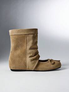 SHEIN Solezae Women's Foldover Slouchy Ballet Flat Sandal Ankle Boots With Bow Detail - Khaki - View 7