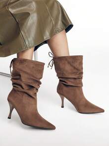 Mnmlis Atmosphere Coffee-Colored High-Heeled Suede Pointed Piled Boots, Lazy In Autumn And Winter, High-End Elegant, Fine-Heeled Medium Boots Fall Boots - Khaki - View 7