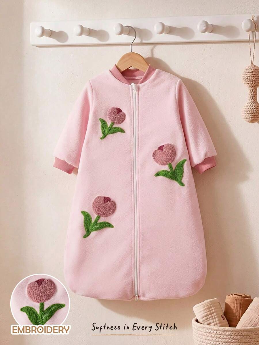 Cozy Pixies 1 قطعة كيس نوم طويل الأكمام للأطفال، صوف ناعم مطرز بنمط زهرة التوليب، مناسب للمواليد الجدد. - متعدد الألوان - مشاهدة 1