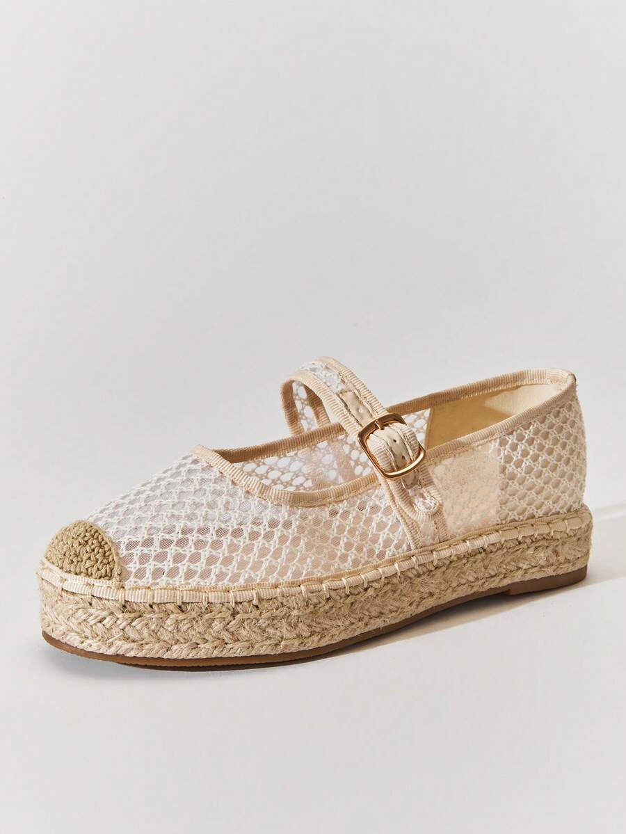 VACAZURE Women's Elegant Mesh Round Toe Mary Jane Espadrilles - Apricot - View 1