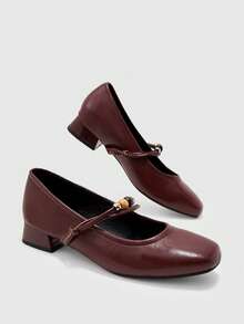 CUCCOO BIZCHIC Women's Beaded Buckle Block Heel Brown Low Heel Flats With Square Toe, Retro Style For Commuting, Daily Wear, Dating, And Vacation, Versatile Flats - Burgundy - View 2