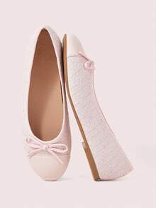 CUCCOO DOLLMOD Women's Tweed Leather Bow Ballet Flats, Round Toe, Low Vamp Soft Sole, Gentle Style Commuting Slip-On Shoes - Light powder - View 1