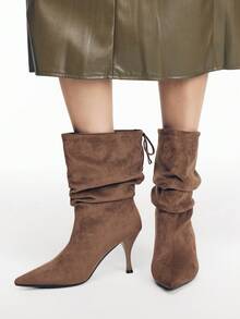 Mnmlis Atmosphere Coffee-Colored High-Heeled Suede Pointed Piled Boots, Lazy In Autumn And Winter, High-End Elegant, Fine-Heeled Medium Boots Fall Boots - Khaki - View 3