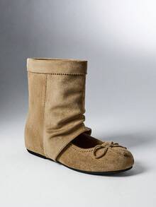 SHEIN Solezae Women's Foldover Slouchy Ballet Flat Sandal Ankle Boots With Bow Detail - Khaki - View 8