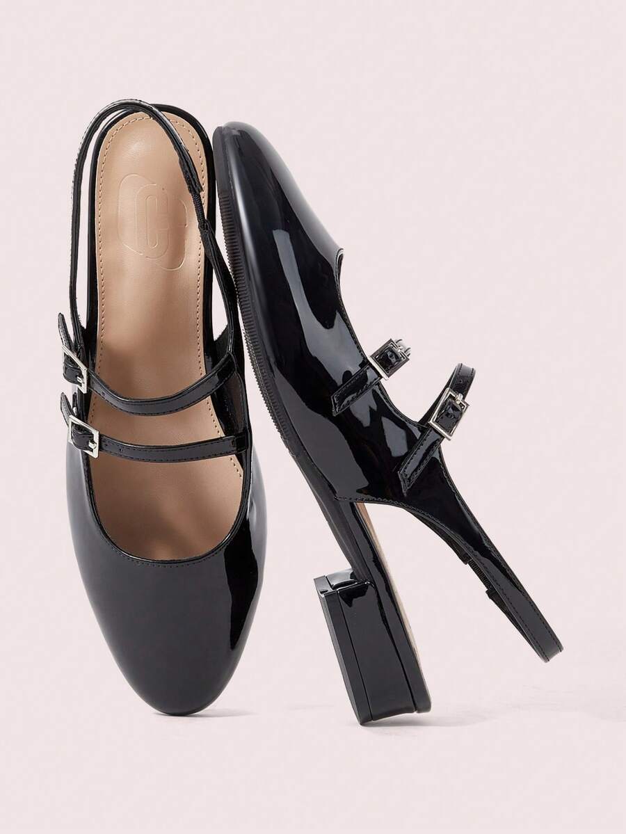 CUCCOO DOLLMOD Women's Shoes, Black, Glossy Texture, Round Toe, Double Straps, Flats, Slingbacks, Classic Mary Jane - Black - View 1
