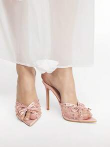 Mnmlis Women's High Heel Sandals With Rhinestone Bow Pointed Toe Slip-On Mules - Apricot - View 2