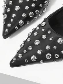 Mnmlis Spring And Summer Size Round Beads Full Of Rivets, With Pointed Toe, Black Back Empty Mary Jane Sandals, Punk Style Back Strap - Black - View 5