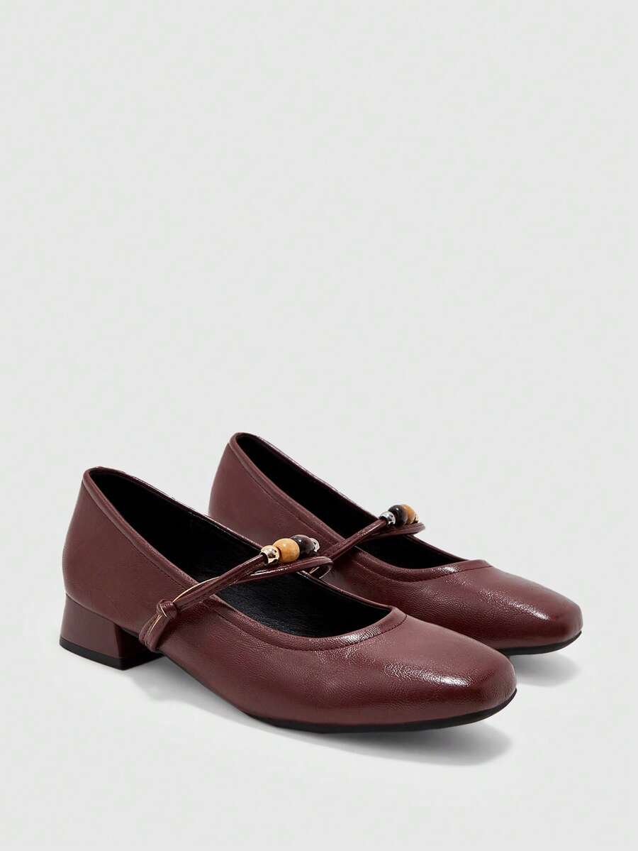 CUCCOO BIZCHIC Women's Beaded Buckle Block Heel Brown Low Heel Flats With Square Toe, Retro Style For Commuting, Daily Wear, Dating, And Vacation, Versatile Flats - Burgundy - View 1