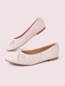 CUCCOO DOLLMOD Women's Tweed Leather Bow Ballet Flats, Round Toe, Low Vamp Soft Sole, Gentle Style Commuting Slip-On Shoes - Light powder - View 3