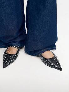 Mnmlis Spring And Summer Size Round Beads Full Of Rivets, With Pointed Toe, Black Back Empty Mary Jane Sandals, Punk Style Back Strap - Black - View 1