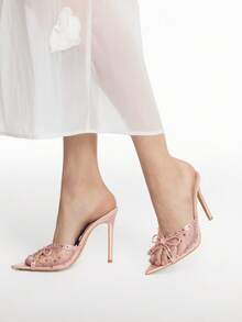 Mnmlis Women's High Heel Sandals With Rhinestone Bow Pointed Toe Slip-On Mules - Apricot - View 7