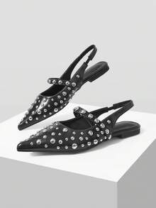 Mnmlis Spring And Summer Size Round Beads Full Of Rivets, With Pointed Toe, Black Back Empty Mary Jane Sandals, Punk Style Back Strap - Black - View 7