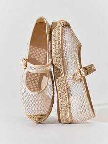 VACAZURE Women's Elegant Mesh Round Toe Mary Jane Espadrilles - Apricot - View 3