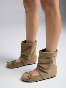 SHEIN Solezae Women's Foldover Slouchy Ballet Flat Sandal Ankle Boots With Bow Detail - Khaki - View 2
