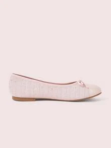 CUCCOO DOLLMOD Women's Tweed Leather Bow Ballet Flats, Round Toe, Low Vamp Soft Sole, Gentle Style Commuting Slip-On Shoes - Light powder - View 5