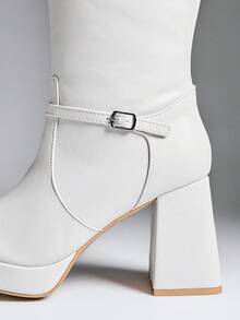SHUZIA Women's Stylish & Comfortable Block Heel Knee-High Boots With Metal Buckle Decor For Christmas Valentine's Day - White - View 5