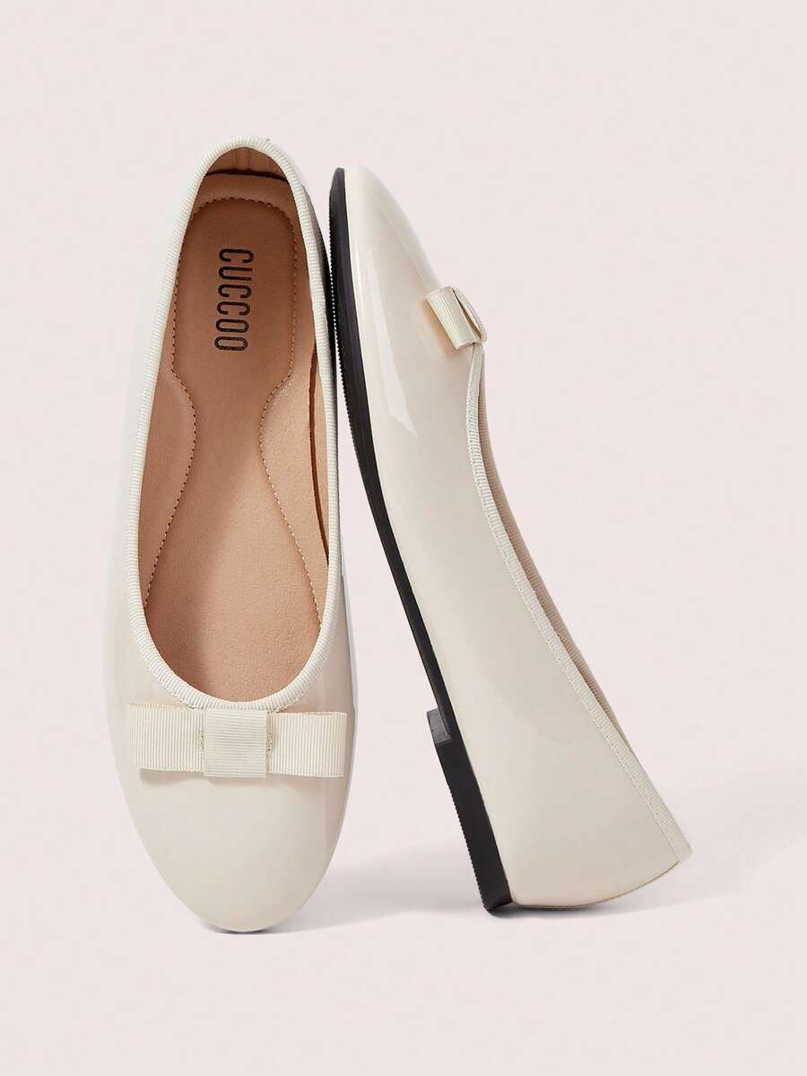 CUCCOO DOLLMOD Ladies Satin Round Toe Ballet Flats, Bow Soft Sole Casual Dress Shoes - Apricot - View 1