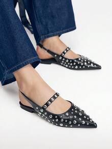 Mnmlis Spring And Summer Size Round Beads Full Of Rivets, With Pointed Toe, Black Back Empty Mary Jane Sandals, Punk Style Back Strap - Black - View 3