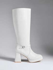 SHUZIA Women's Stylish & Comfortable Block Heel Knee-High Boots With Metal Buckle Decor For Christmas Valentine's Day - White - View 2