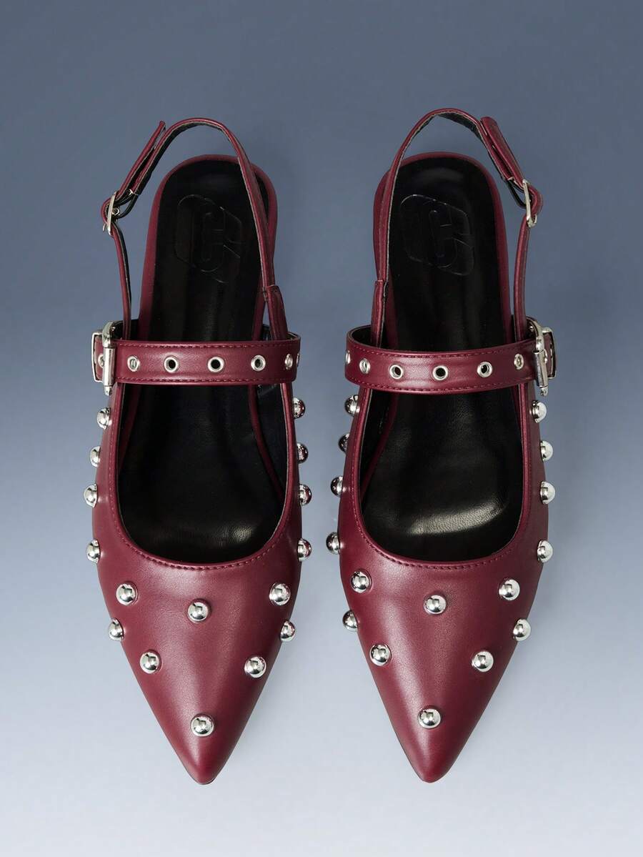 CUCCOO GRLICON Rivet Decorative Pointed Flat Sandals Red PU Leather Versatile Low-Heeled Single Shoes Women, Suitable For Locomotive Style And Personality - Red - View 1