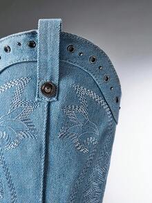 SHEIN Solezae 女款華麗西式尖頭粗跟刺繡內側拉鍊及膝靴，適合聖誕節與情人節 - 淺藍牛仔色 - 查看 4
