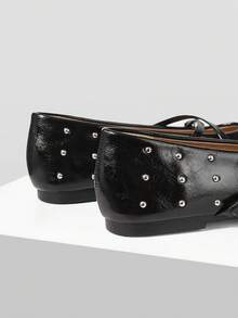 Mnmlis Black Rivet Cross-Buckle Mary Jane Shoes, Square Toe Soft Sole Low Vamp Flat Sole Shoes - Black - View 4