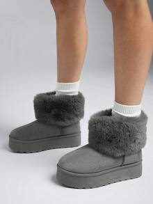 SHEIN Solezae Women's Mid Calf Furry Slouchy Fluffy Kamik Round Toe Boots Summer Shoes Spring Shoes Spring Break Easter For Christmas - Grey - View 2