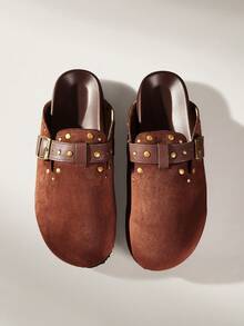 Solecia Retro Rivet Buckle Design Comfortable Half-Trailer Single Shoes Casual Vacation Wear - dark brown - View 4