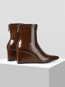 Mnmlis 2026 New Women's Pointed Toe Wedge Short Boots Rear Zipper Fashion Short Boots - Brown - View 5