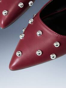 CUCCOO GRLICON Rivet Decorative Pointed Flat Sandals Red PU Leather Versatile Low-Heeled Single Shoes Women, Suitable For Locomotive Style And Personality - Red - View 5