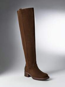 SHEIN Solezae Women Faux Suede Round Toe Low Block Heel Pull On Chocolate Over-The-Knee Boots - Chocolate Brown - View 2