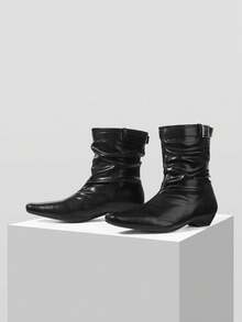 Mnmlis Autumn And Winter Pleated Short Boots Square Head Square Buckle Strap Lazy Wind Thin Pile Pleated Western Short Boots - Black - View 2