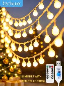 Teckwe USB Powered 8 Lighting Modes White Spherical String Light With Remote Control, Christmas Tree Decorations Dimmable LED Ball Fairy Lights,Outdoor Courtyard Decor, Holiday Birthday Party Decoration LED Fairy Lights,Camping Tent Decoration Lights String - White - View 2