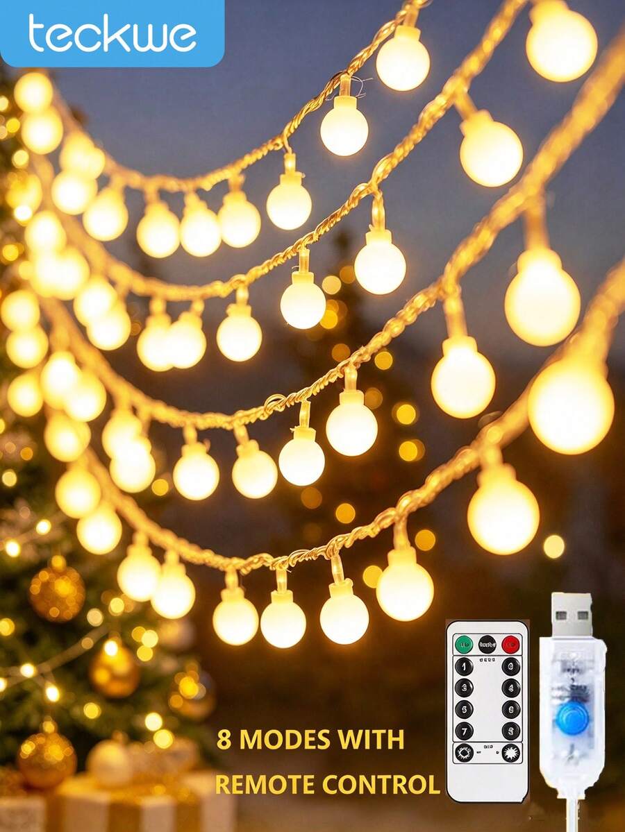 Teckwe USB Powered 8 Lighting Modes White Spherical String Light With Remote Control, Christmas Tree Decorations Dimmable LED Ball Fairy Lights,Outdoor Courtyard Decor, Holiday Birthday Party Decoration LED Fairy Lights,Camping Tent Decoration Lights String