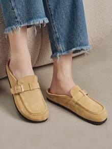 Solecia Love Muller Half Slippers Moccasin Square Buckle Decorative Casual Shoes - Khaki - View 7