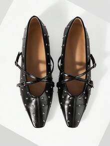 Mnmlis Black Rivet Cross-Buckle Mary Jane Shoes, Square Toe Soft Sole Low Vamp Flat Sole Shoes - Black - View 1