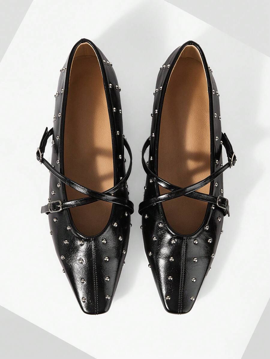 Mnmlis Black Rivet Cross-Buckle Mary Jane Shoes, Square Toe Soft Sole Low Vamp Flat Sole Shoes - Black - View 1