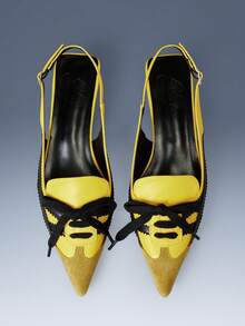 CUCCOO GRLICON Strap Design Color Matching Pointed Kitten And Locomotive Style Yellow PU Leather Women's High-Heeled Shoes Fashionable, Outdoor - Yellow - View 2