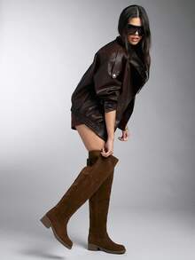 SHEIN Solezae Women Faux Suede Round Toe Low Block Heel Pull On Chocolate Over-The-Knee Boots - Chocolate Brown - View 6