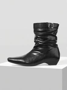 Mnmlis Autumn And Winter Pleated Short Boots Square Head Square Buckle Strap Lazy Wind Thin Pile Pleated Western Short Boots - Black - View 1