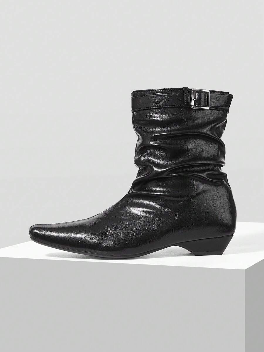Mnmlis Autumn And Winter Pleated Short Boots Square Head Square Buckle Strap Lazy Wind Thin Pile Pleated Western Short Boots - Black - View 1