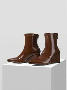 Mnmlis 2026 New Women's Pointed Toe Wedge Short Boots Rear Zipper Fashion Short Boots - Brown - View 2