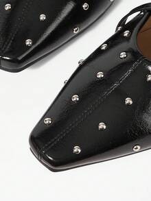 Mnmlis Black Rivet Cross-Buckle Mary Jane Shoes, Square Toe Soft Sole Low Vamp Flat Sole Shoes - Black - View 3